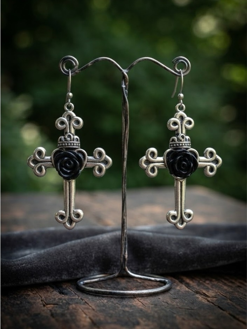 Gothic Large Cross Black Rose Dangle Earrings